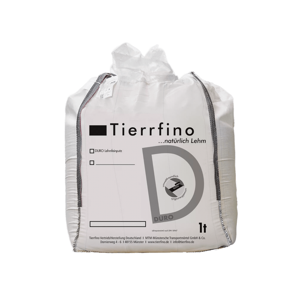 Produktfoto eines weißen Big Bag des Lehmfeinputz DURO in der Verpackungsgröße 1 Tonne, vor transparentem Hintergrund