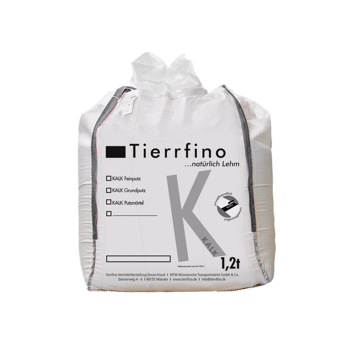 Kalkputzmörtel KALK Produktfoto eines weißen Big Bag der KALK Kalkputze in der Verpackungsgröße 1,2 Tonnen, vor transparentem Hintergrund