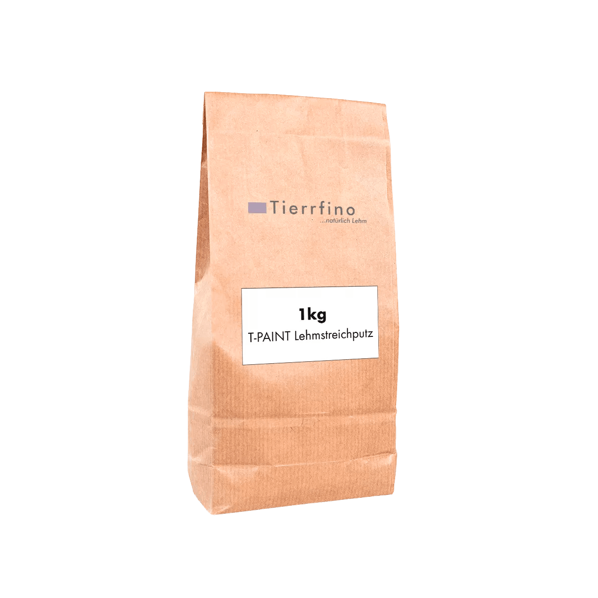 Lehmstreichputz T-PAINT Produktfoto, brauner Papierbeutel mit Tierrfino Logo vom Lehmstreichputz T-PAINT mit weißen 1kg Aufkleber