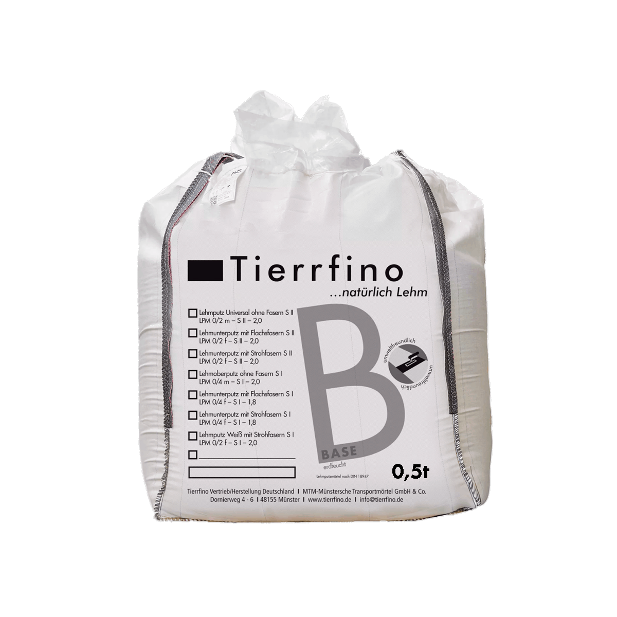 Lehmputz BASE Universal Produktfoto eines weißen Big Bag der erdfeuchten BASE Lehmputze in der Verpackungsgröße 500kg, vor transparentem Hintergrund