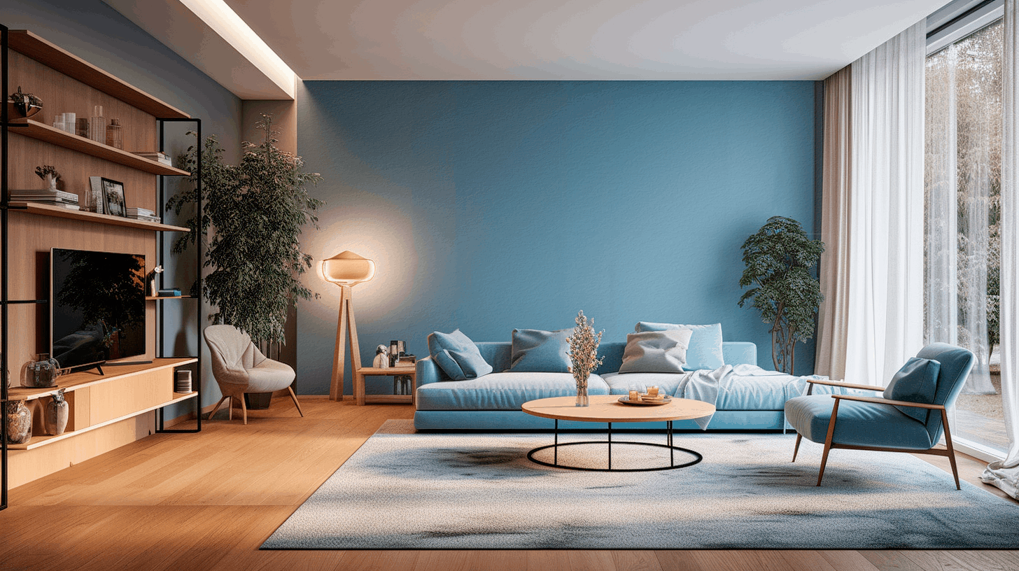 Lehmfarbe kaufen, um mit ihr dieses schöne bläuliche Interior zu gestalten