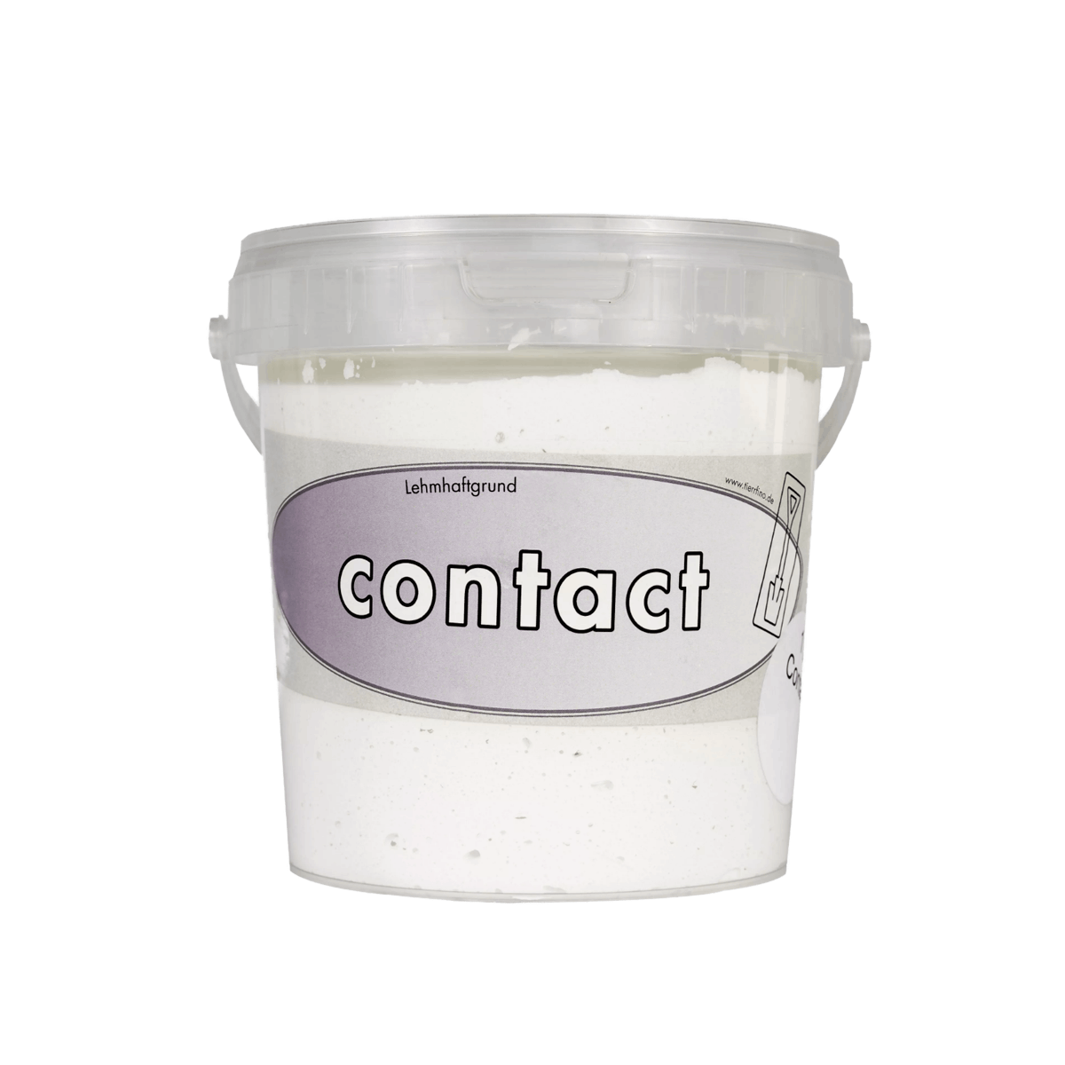 Lehmhaftgrund contact Produktfoto einer transparenten Dose mit lila Etikett und weißen Inhalt, dem Lehmhaftgrund contact