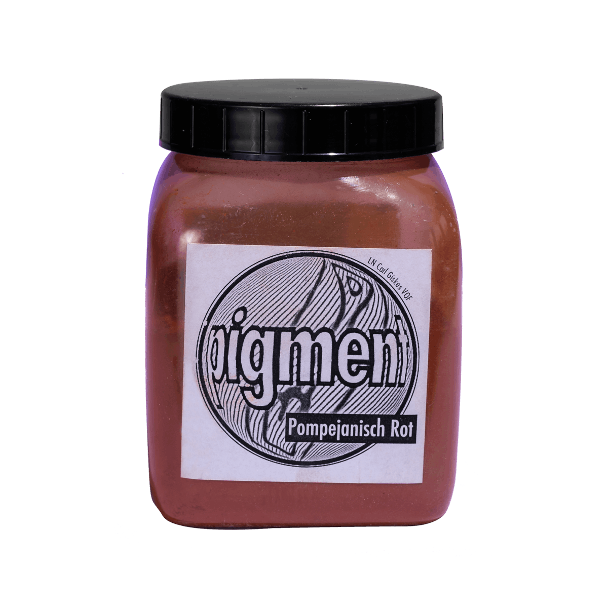 pigment Produktfoto einer durchsichtigen Dose mit schwarzem Deckel und weißem Etikett deren Inhalt das pigment Pompejanisch Rot ist