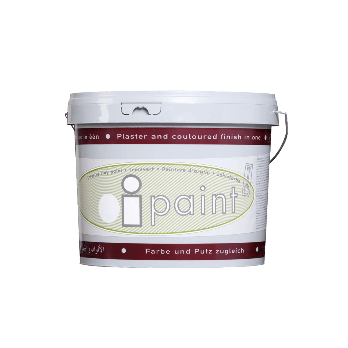 Produktfoto eines grauen Eimers der Lehmfarbe I-PAINT, mit entsprechender Etikettierung und Tragegriff aus Metall